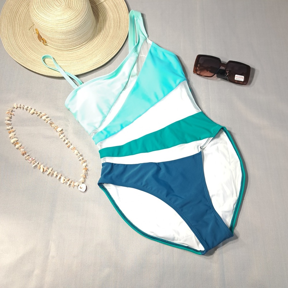 B2prity Women's One-Piece One-Shoulder Swimsuit Sheer‎ Size Green/Blue S